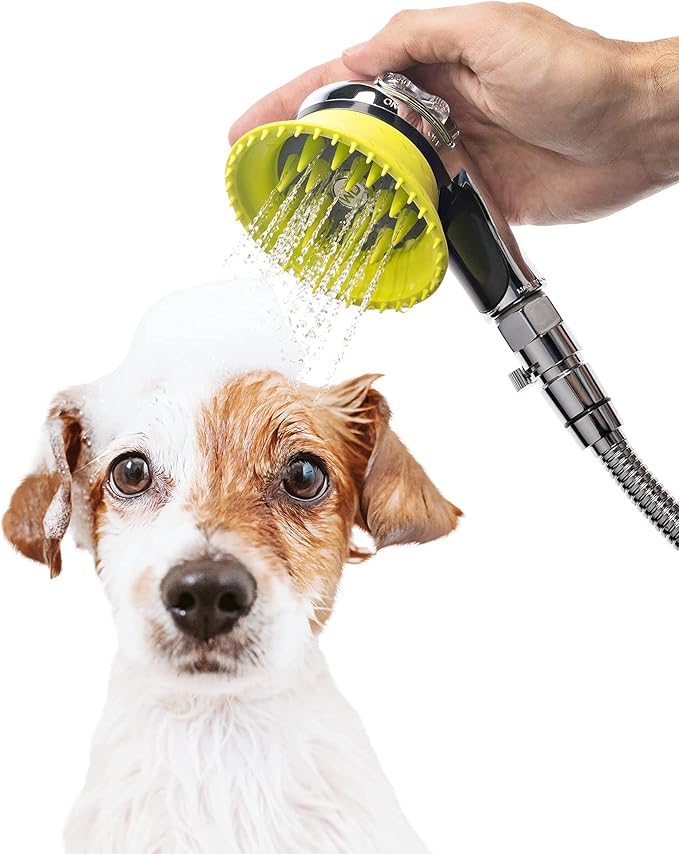 WD Handheld Shower Brush with On/Off Switch and Water Pressure Control | Shield Water While Brushing and Washing Simultaneously | Dog Washing Shower Attachment