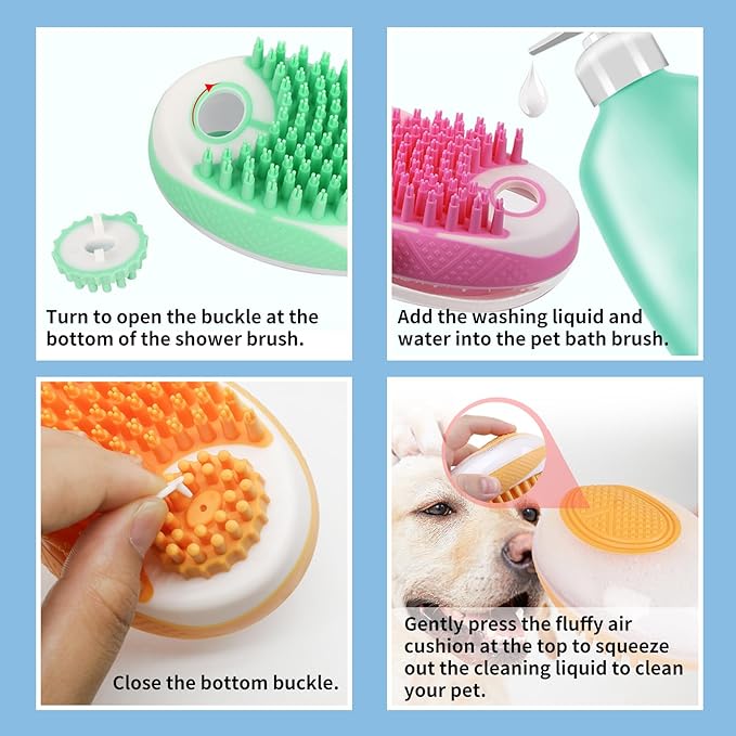 WishLotus Pet Bath Brush, Puppy Massage Brush with Shampoo Dispenser Pet Grooming Tool for Small Animals Soft Silicone Dog Shower Brush for Long Short Haired Dog and Cat Washing (Pink)
