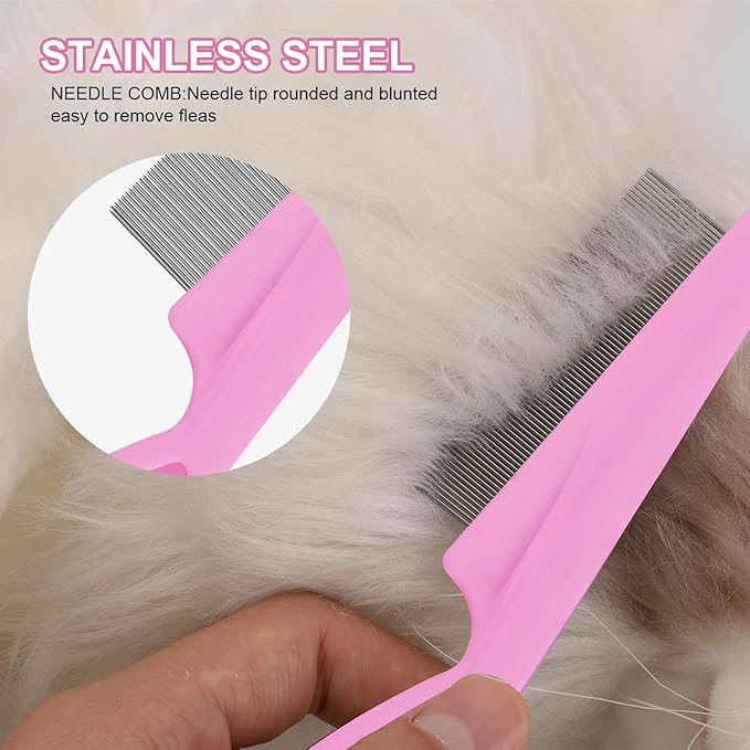 Pet Hair Comb, 2 in 1 Multifunctional Pet Hair Comb for Grooming and Dehairing, Flea and Tear Stain Removal Cat And Dog Comb, Pink (2 Count)