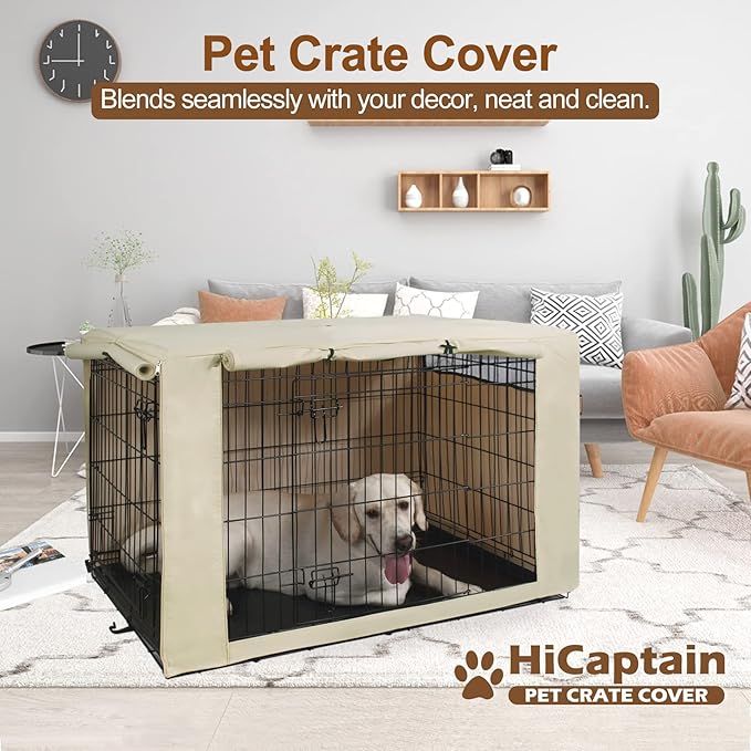 HiCaptain Polyester Dog Crate Cover - Durable Windproof Pet Kennel Cover for Wire Crate Indoor Outdoor Protection (48 inches, Light Tan)