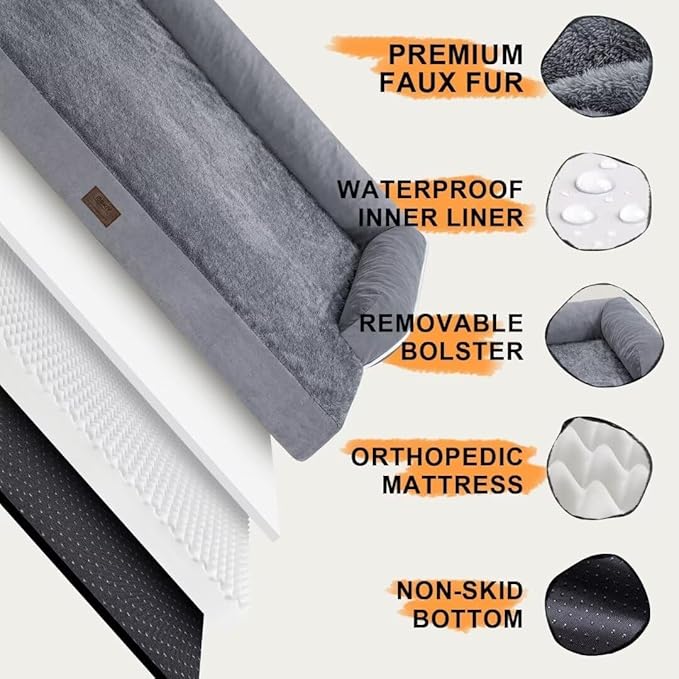 Large Dog Bed Orthopedic Washable, Medium Large XXXLarge Dogs, Orthopedic Grey Dog Bed with Waterproof Cover and Removable Egg Foam, Couch Bed Bolster