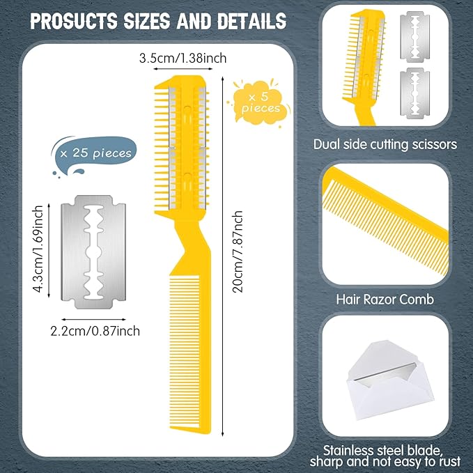 Yinkin 5 Pieces Razor Comb for Dogs Hair Grooming Trimmer for Pet Razor Comb with 25 Extra Blades Manual Dog Hair Trimmer Double Edge for Cats Hair Cutting Tool(Yellow)