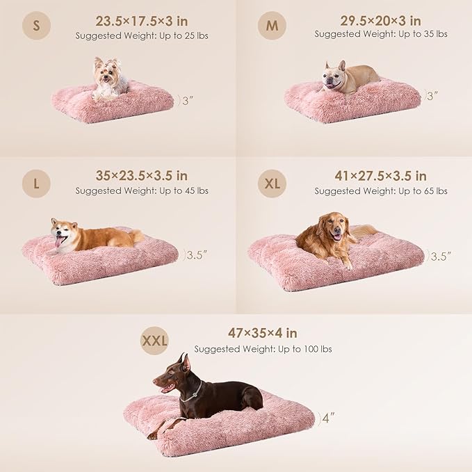 EHEYCIGA Fluffy Dog Crate Bed for Extra Large Dogs, Plush Faux Fur Dog Crate Pad, Calming Anti Anxiety XL Dog Bed for Crate, Washable Soft Warm Dog Crate Mat with Non-Slip Bottom, Pink