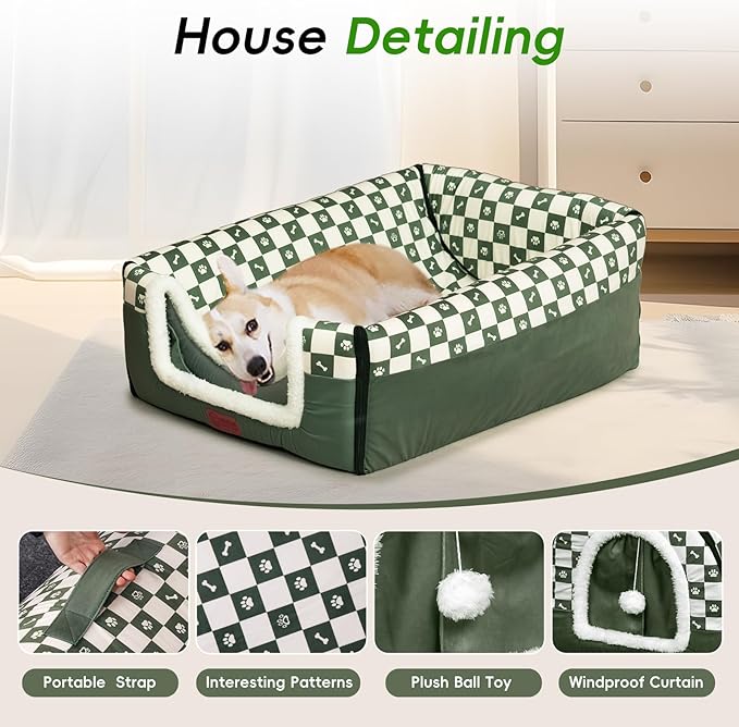 Dog House Indoor, Cozy Dog Cave Bed with Door Curtain, Cushion Mat, Removable and Washable Cover, Multi-Purpose Covered Dog Bed & Cat House for Small- Medium Dogs