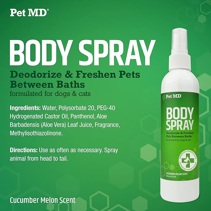 Pet MD Body Spray for Dogs & Cats - Deodorizing Dog Perfume Reduces Static & Eliminates Odor - Long-Lasting Pet Cologne Spray for Dogs - Cucumber Melon Scent - 8 oz