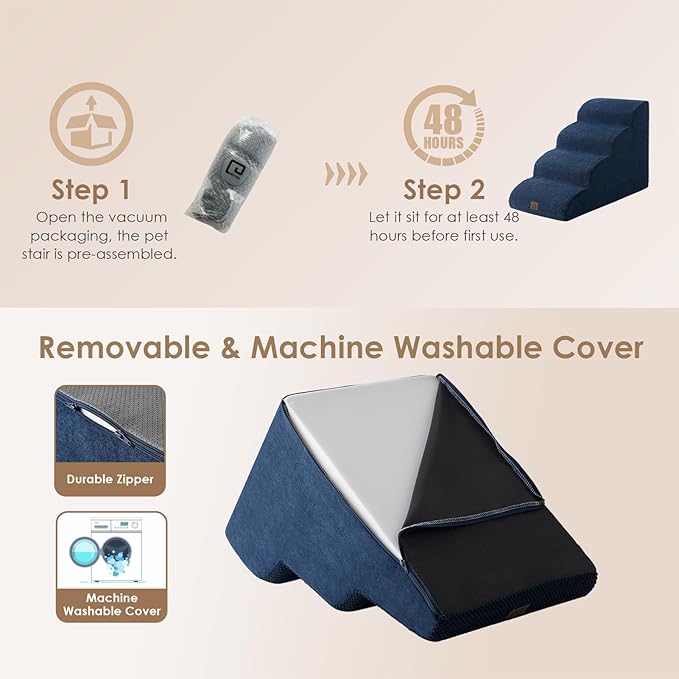 EHEYCIGA Curved Dog Stairs Ramp for High Beds 19.7" H, 4-Step Dog Steps for Small Dogs and Cats, Pet Stairs for High Bed Climbing, Non-Slip Balanced Pet Step Indoor, Navy