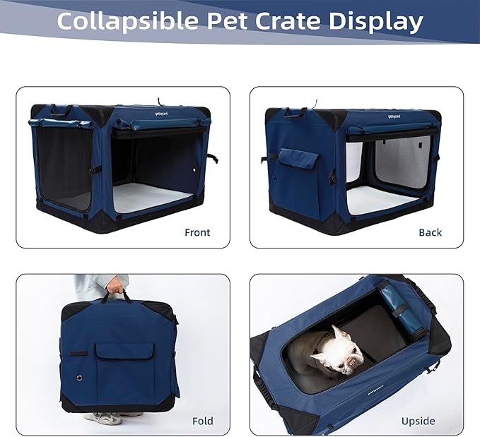 Pettycare 30 Inch Collapsible Dog Crate with Curtains Travel Dog Crate for Airflow and Calm Soft Pet Kennel with Portable Bag and More Chew Proof Mesh Indoor & Outdoor Navy Blue 4 Door Curtains