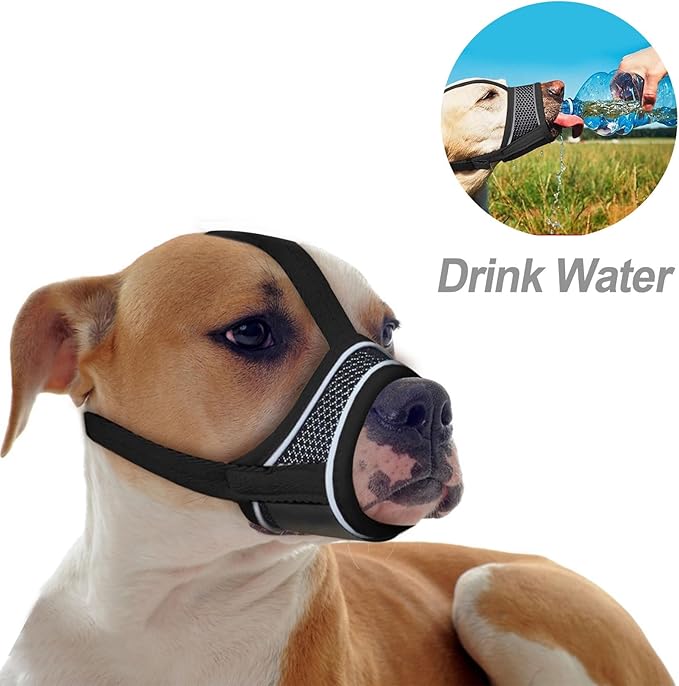Black Dog Muzzle, Breathable Comfortable Mesh Muzzle for Dogs, Dog Training Muzzle, Anti-Biting, Anti-Barking, Anti-Chewing, Adjustable with Reflective Strap XXL