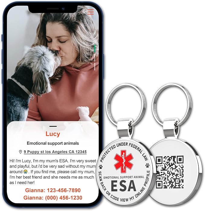 MYLUCKYTAG QR Code ESA Emotional Support Dog ID Tag - Pet Online Profile - Scan QR Receive Instant Pet Location Alert Email
