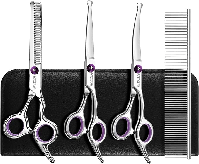5 in 1 Dog Grooming Scissors Kit with Safety Round Tips for 4CR Stainless Steel Dogs and Cats, Professional Pet Shears, Purple, Purple-5 in 1