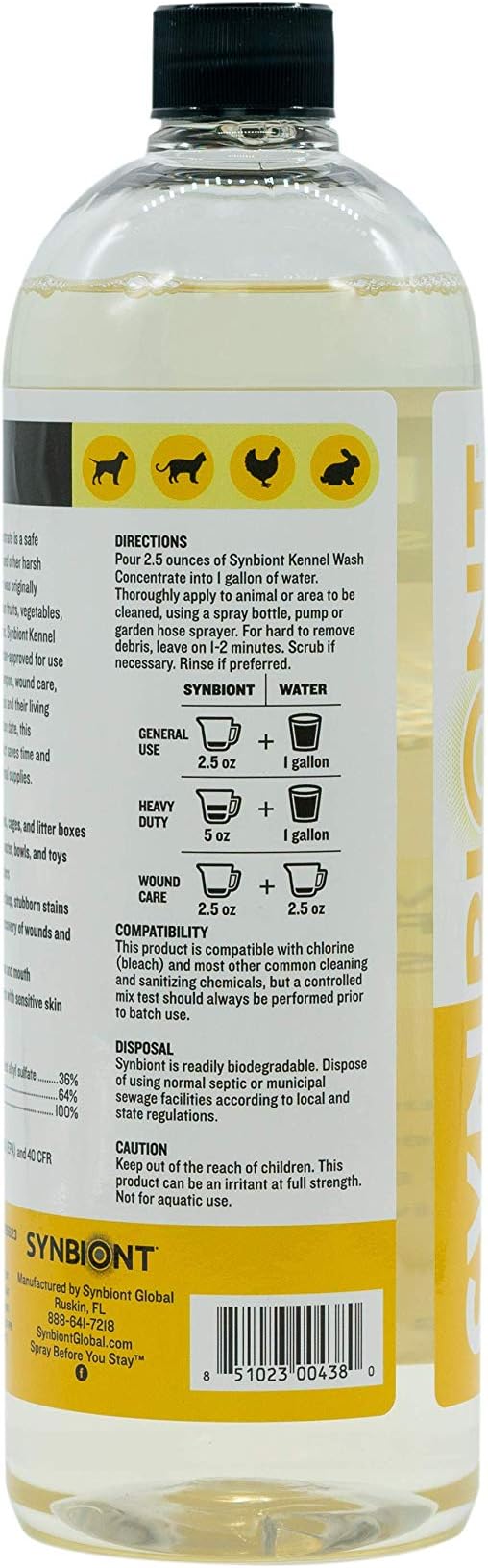 Synbiont Kennel Wash 32 oz Concentrate - Cleaner & Deodorizer for Birds, Cats, Dogs, Rabbits, Chickens - Dog Kennel Deodorizer Alternative - Pet Shampoo