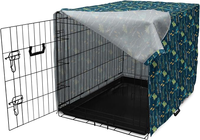 Lunarable Jurassic Dog Crate Cover, Evolution Marine Dinosaurs and Nautical Foliage Animal, Easy to Use Pet Kennel Cover for Small Dogs Puppies Kittens, 22 Inch, Petrol Blue Pale Green