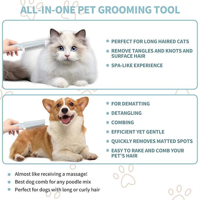 Ropo Pet Grooming Comb for Dogs and Cats, Flea Comb, Long Handled Pet Comb 2 in 1 Long and Short Stainless Steel Metal Teeth for Tangle and Knot Removal - Detangling Brush