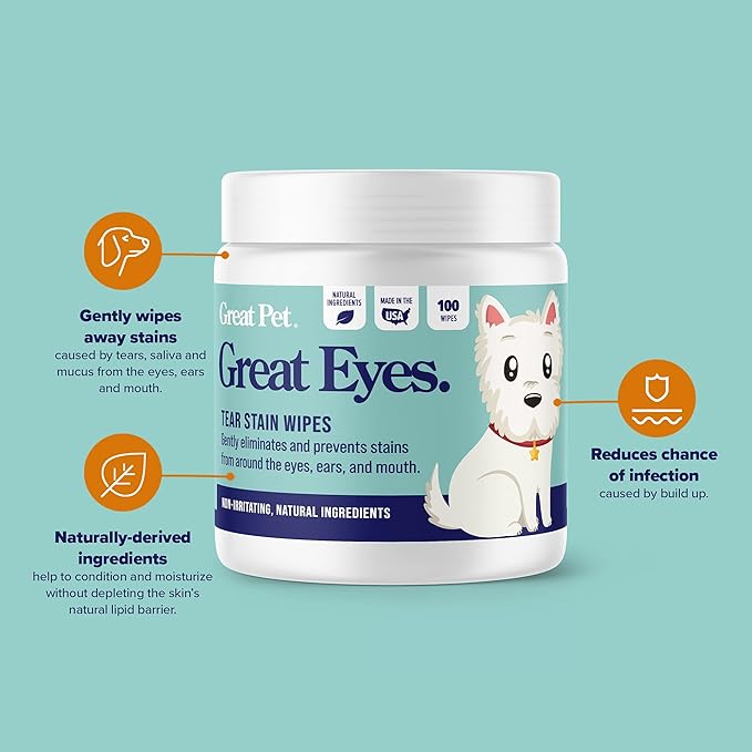 Great Eyes - Safe & Gentle Tear Stain Remover for Dogs - Natural Eye Wipes for Dogs - Made in The USA & Easy to Use Pre-Soaked Wipes - 100 Wipes