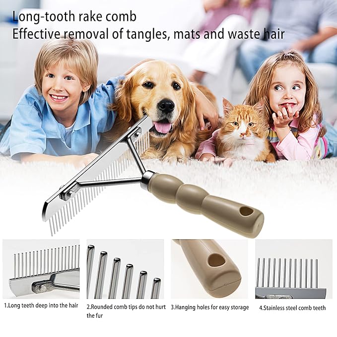 Undercoat Rake for Dogs, 3 Pack Pet Grooming Brush Set Long Tooth Rake Brush & Double-Sided Teech Comb & Stainless Steel Shedding Comb, Long Haired Pet Grooming Tool Set for Horse Large Dog Cat