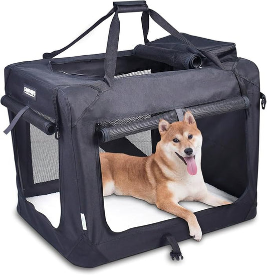 JESPET 30'' Soft Dog Crates Kennel for Pets, 3 Door Soft Sided Folding Travel Pet Carrier with Straps and Fleece Mat for Dogs, Cats, Rabbits, Grey Blue, Beige & Black (30”L x 21”W x23” H, Black)