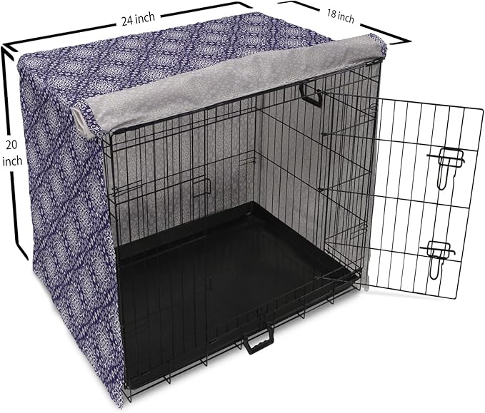 Lunarable Royal Blue Dog Crate Cover, Antique Moroccan Style Exotic Orient Inspired Ceramic Pattern Print Art, Easy to Use Pet Kennel Cover for Medium Large Dogs, 24 Inch, Indigo and White