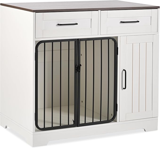 Ball & Cast 37.4" 2-in-1 Dog Crate Furniture,Modern Indoor Kennel with 2 Drawers&Storage Shelves,Double Doors&Double Locks Design for 26-40 lbs Dogs,Living Room,Kitchen,Entryway Side Table,White