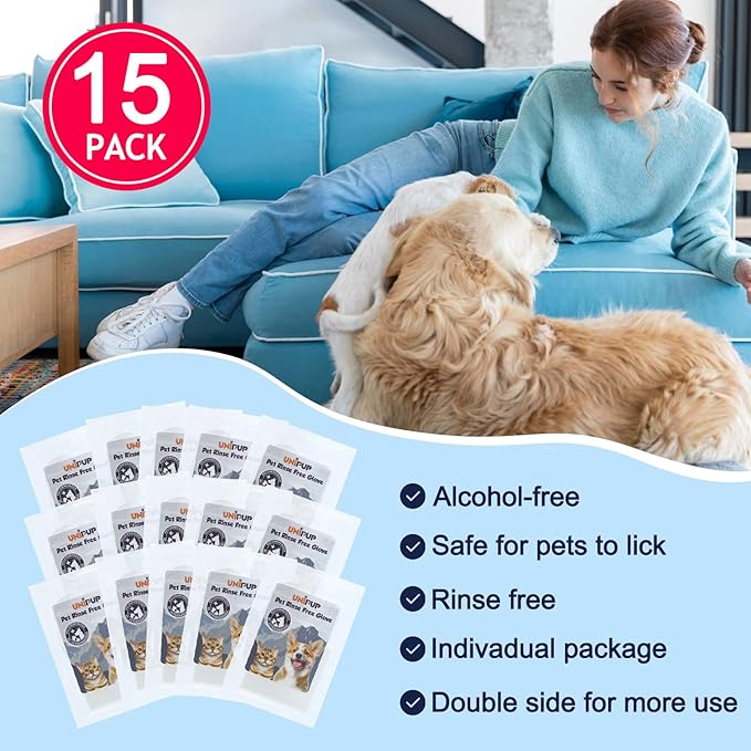 Pet Glove Wipes for Dogs, Dog Cleaning Gloves with Coconut Scented, Dual-Sided Pet Gloves Grooming for Cats with Wipes, Dog Cleaning Gloves Wipes for Daily Care and Travel, 15 Count