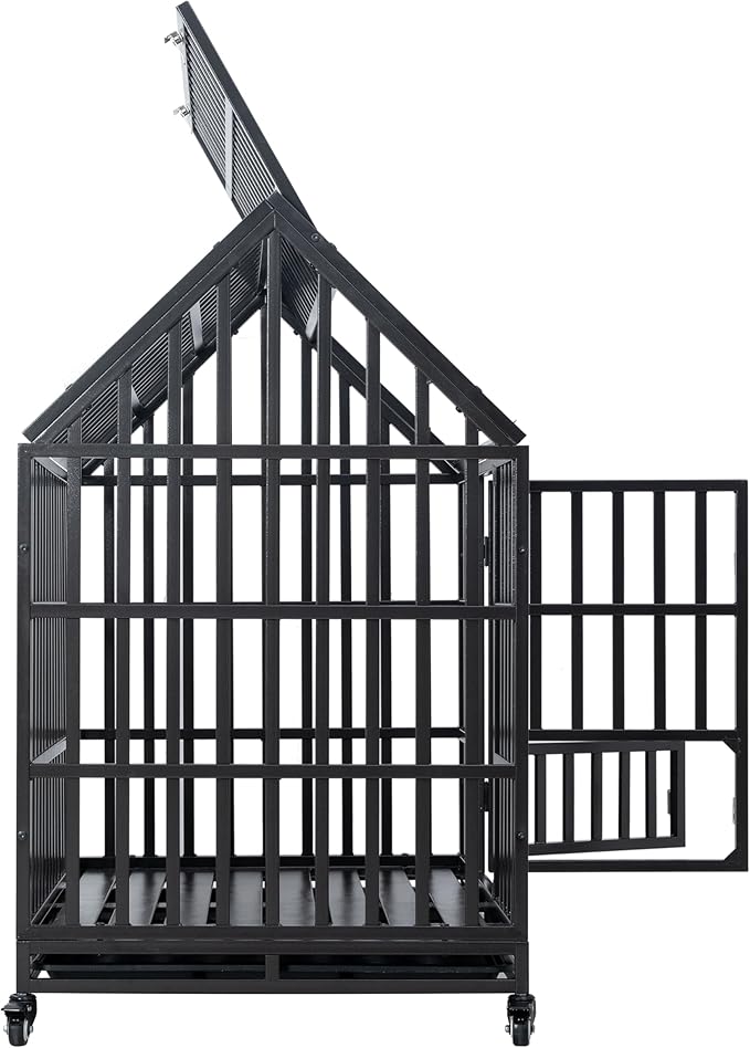 Goohome 47.24 Inch Heavy Duty Dog Crate Cage Kennel with Wheels, High Anxiety Indestructible, Sturdy Locks Design, Extra Large Crate Indoor for Large Dog with Roof & Window on Roof