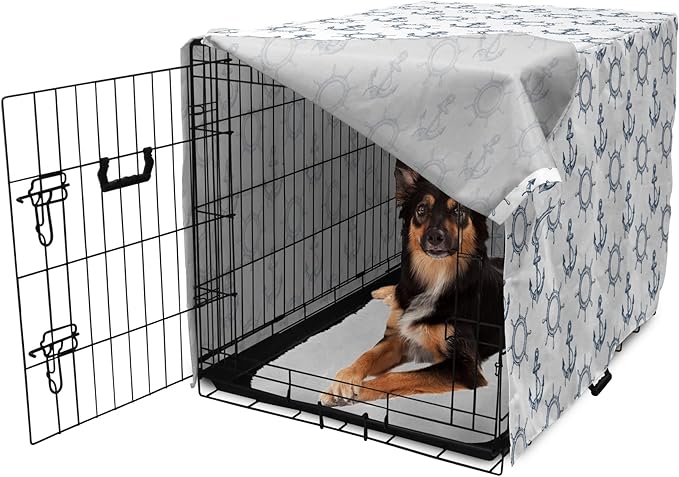 Lunarable Nautical Dog Crate Cover, Marine Elements Anchor Ship Wheel Wind Rose Sailing into The Ocean Theme, Easy to Use Pet Kennel Cover for Medium Large Dogs, 36 Inch, Night Blue White