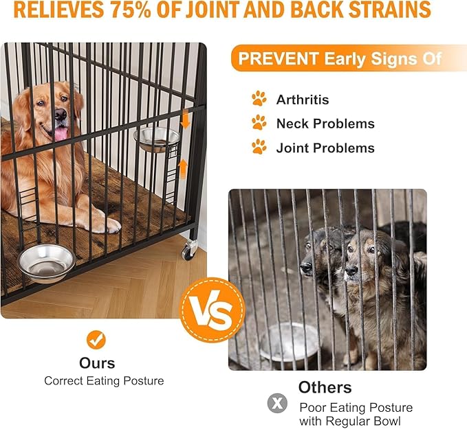 48 Inch Dog Crate Furniture, Dog Crate with Adjustable Height Feeder, Designed for Small Dogs, Featuring 360-Degree Swivel Wheels for Easy Movement, Rustic Brown Finish