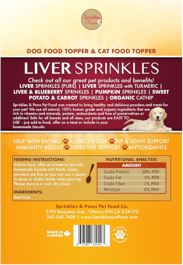 Sprinkles & Paws Pure Liver Sprinkles | Beef Liver Powder for Dogs | Add to Food as a Topper or Delicious pet Treat | Helps with Eating