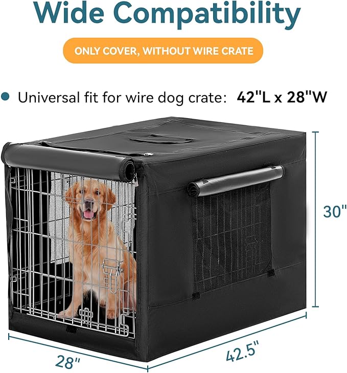 PETSFIT Dog Crate Cover,42 Inch Cover for Wire Dog Kennel, Single Door, Mesh Window, Flap On The Top and Back is Detachable,Black
