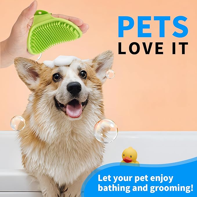 Dog Bath Brush, Thickened and Upgraded, Dog Shampoo Massage Brush with Adjustable Handle, Blue + Green, for Grooming Short and Long Hair Pets