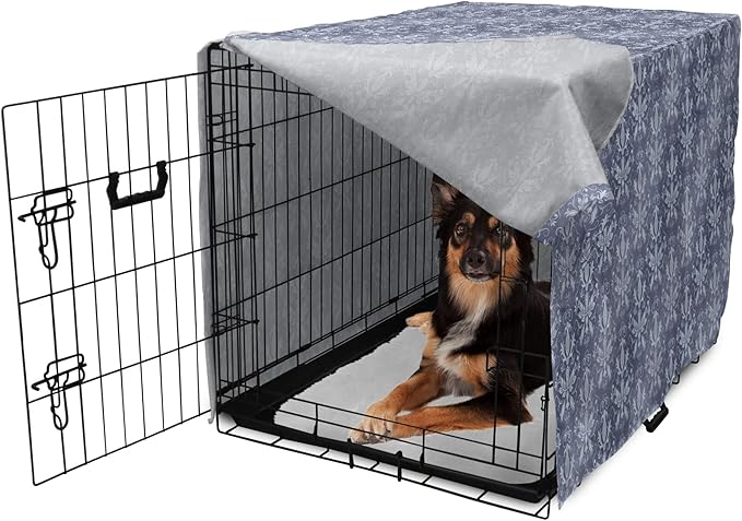 Lunarable Damask Dog Crate Cover, Medieval Repetitive Pattern with Flourish Ornaments, Easy to Use Pet Kennel Cover for Medium Large Dogs, 36 Inch, Purpleblue Ceil Blue