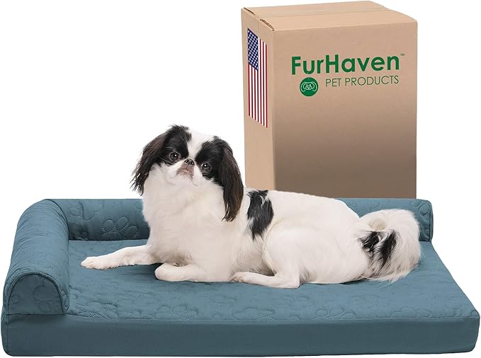 Furhaven Orthopedic Dog Bed for Medium/Small Dogs w/ Removable Bolsters & Washable Cover, For Dogs Up to 35 lbs - Pinsonic Quilted Paw L Shaped Chaise - Bluestone, Medium