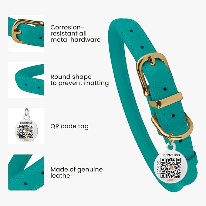BRONZEDOG Rolled Leather Dog Collar with QR ID Tag Adjustable Soft Round Collars for Small Medium Large Dogs Puppy Cat (7" - 10" Neck Size, Turquoise)