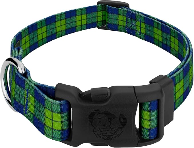 Country Brook Petz - Deluxe Blue and Green Plaid Dog Collar - Made in The U.S.A. - Plaid and Argyle Collection Featuring Charming Designs (1 Inch, Large)