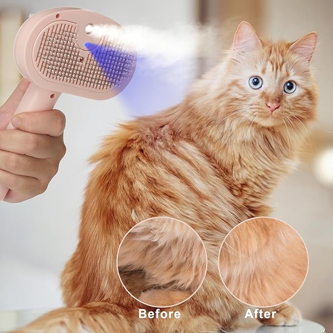 Pet Steam Hair Comb Brush for Shedding, 4 In 1 Spray Brush for Long & Short Haired Cat&Dog, Self-Cleaning Hair Remover with Water Tank And LED Blue Light, Release Button(Pink)