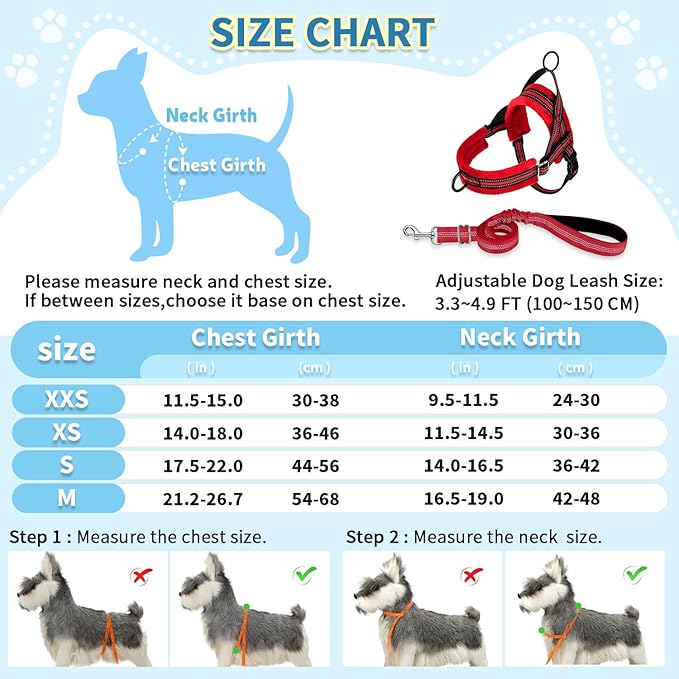 SlowTon No Pull Small Dog Harness and Leash Set, Puppy Soft Vest Harness Neck & Chest Adjustable, Reflective Lightweight Harness & Anti-Twist Pet Lead Combo for Small Medium Dogs (R-Front Clip,XXS)