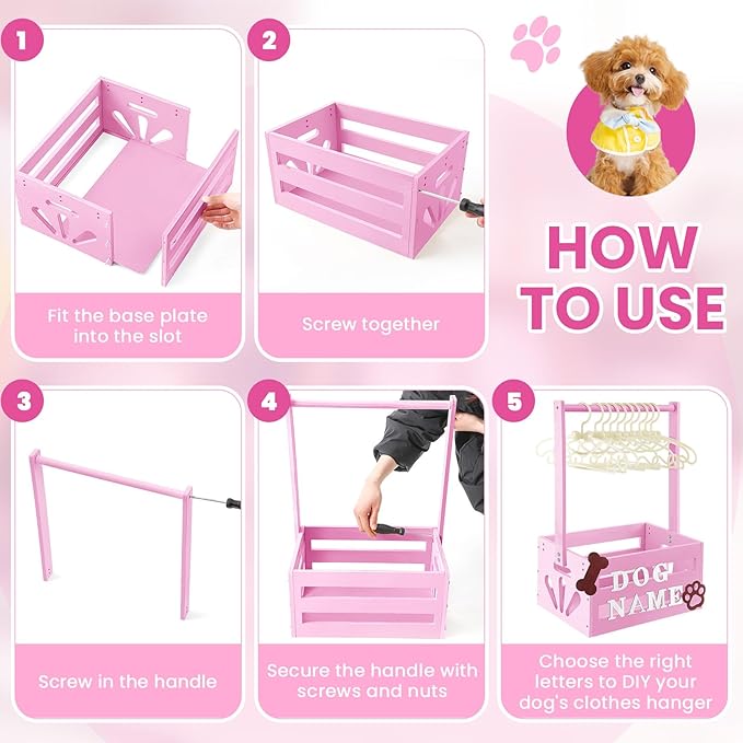 20" x 13" x 9" Wooden Pet Wardrobe Closet Crate Box with Hanging Rods and Personalized Pet Alphabet Letters Easy Assembly Baskets for Dog Cat Toys Clothes Accessories(Pink)