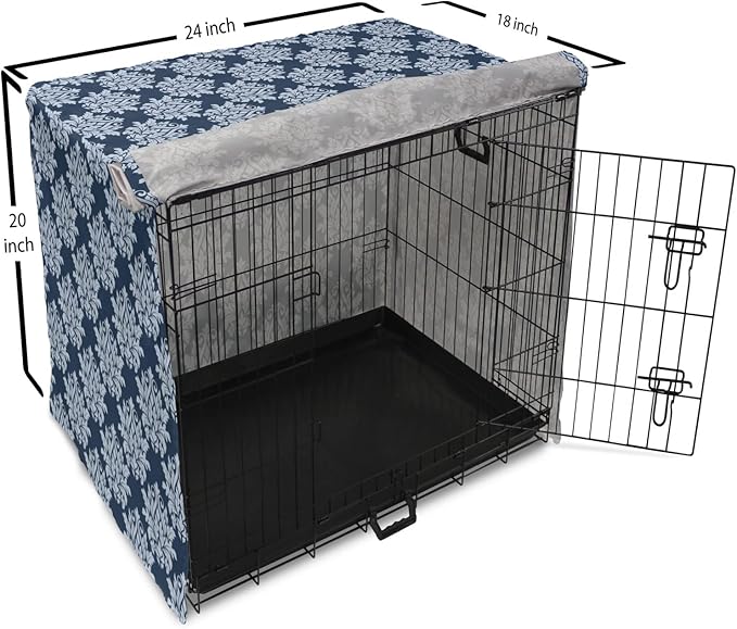 Lunarable Damask Blue Dog Crate Cover, Abstract Antique Royal Motif with Leaves and Swirls, Easy to Use Pet Kennel Cover for Cats & Medium Dogs, 24 Inch, Ceil Blue Violet Blue