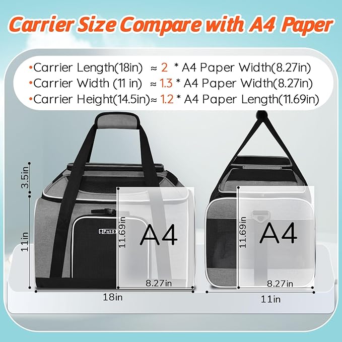 Petskd Top-Expandable Pet Carrier 18x11x11 Inches Delta American United Airline Approved, Soft-Sided Carrier for Small Cats and Dogs with Locking Safety Zippers and Anti-Scratch Mesh(Grey)