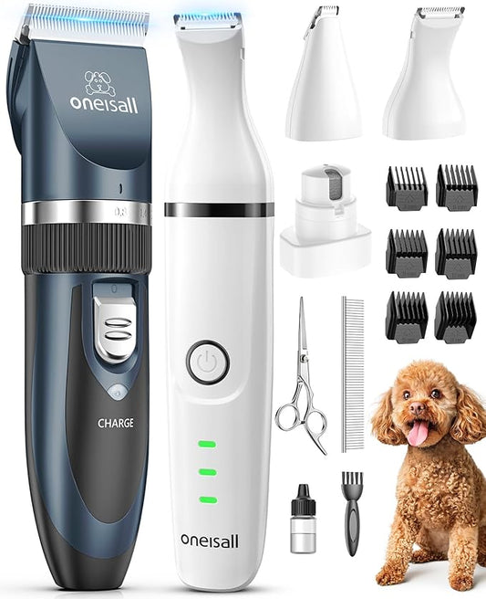 oneisall Dog Clippers and Dog Paw Trimmer Kit 2 in 1 Low Noise Cordless Dog Clippers for Grooming Pet Hair Trimmers for Small and Large Dogs Cats Animals