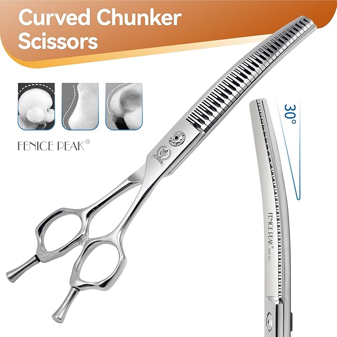 Fenice Peak 7.0 Curved Thinning Traceless Dog Grooming Scissors Japanese 440C Stainless Steel with Bearing Screws Smooth Cutting and Durable