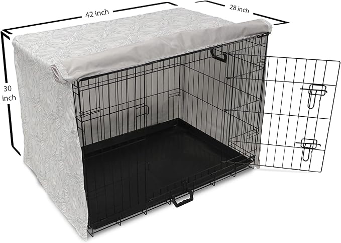 Ambesonne Grey and White Dog Crate Cover, Doodle Style Botanical Leaves Pattern Shabby Ornamental, Easy to Use Pet Kennel Cover for Medium Large Dogs, 42 Inch, Pale Blue Grey and White