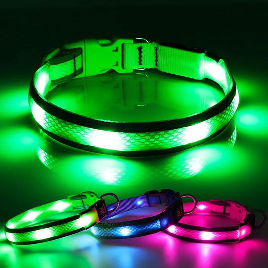 LED Dog Collar Rechargeable - BSEEN Light Up Dog Collar, Glow in The Dark Dog Collar Light, Reflective Dog Collar Safety Dog Lights for Night Walking (Medium, Green Ⅱ)