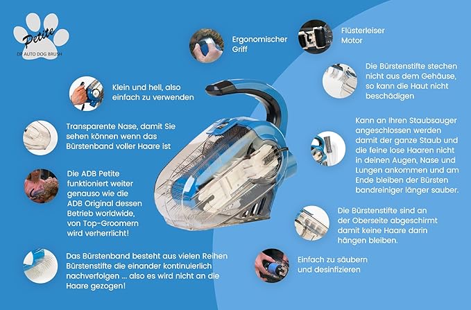 Automatic Dogbrush - Catbrush - Electric slickerbrush for dogs and cats with medium to long hair - Including flexible hose for connecting to your hoover - Dematting - Easy way of grooming