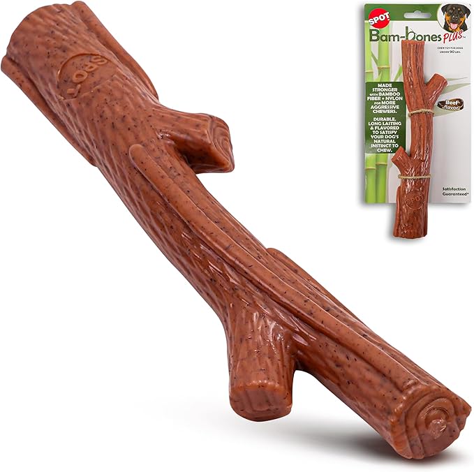 SPOT Bam-bones PLUS Branch -Bamboo Fiber & Nylon, Durable Long Lasting Dog Chew for Aggressive Chewers – Great Toy for Adult Dogs & Teething Puppies under 90lbs, Non-Splintering, 9.5in, Beef Flavor