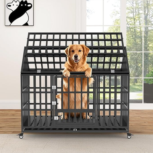 Rovibek 48 Inch XXL Dog Crate, Heavy Duty Dog Crate with Lockable Wheels, Escape Proof Dogs Cage for Extra Large Dogs, Dog Kennel Indoor, Indestructible Dog Crates with Removable Trays