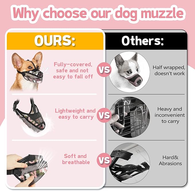 Dog Muzzle for Large Medium Small Dogs, Soft Mesh Muzzle for Dogs with Reflective Adjustable Strap, Prevent Biting Chewing and Licking, Dog Nose Open Design for Reduction Friction (Pink, L)