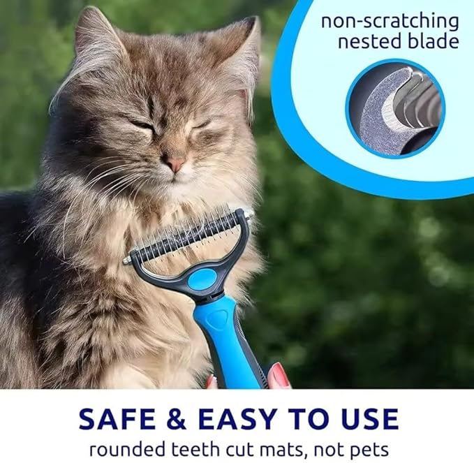 Pet Dog and Cat Deshedding Brush Grooming Tool Fur Removal - Double Sided Undercoat Rake Shedding Comb Mat Remover Deshedder Safe Detangler for Matted Hair/Fur, Blue