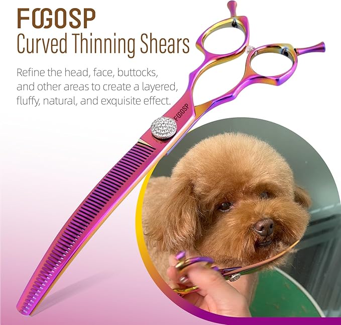 45°Curved Dog Grooming Scissors Curved Thinning Shears Curved Chunkers Dog Shears 3Pcs Combo (RoseRed)