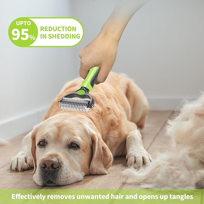 Undercoat Rake for Deshedding and Dematting Dogs - Metal Comb and Brush for Pet Grooming Supplies (Green)