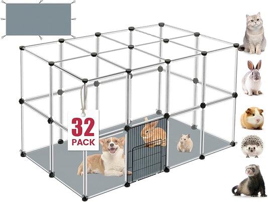 32 Panels Small Animals Playpen,Transparent Playpen with Waterproof Mat, Plastic Enclosure,Puppy Play Pen for Chicken,Pet Fence for Guinea Pigs,Bunny,Ferrets,Hamsters,Hedgehogs for Indoors Outdoor